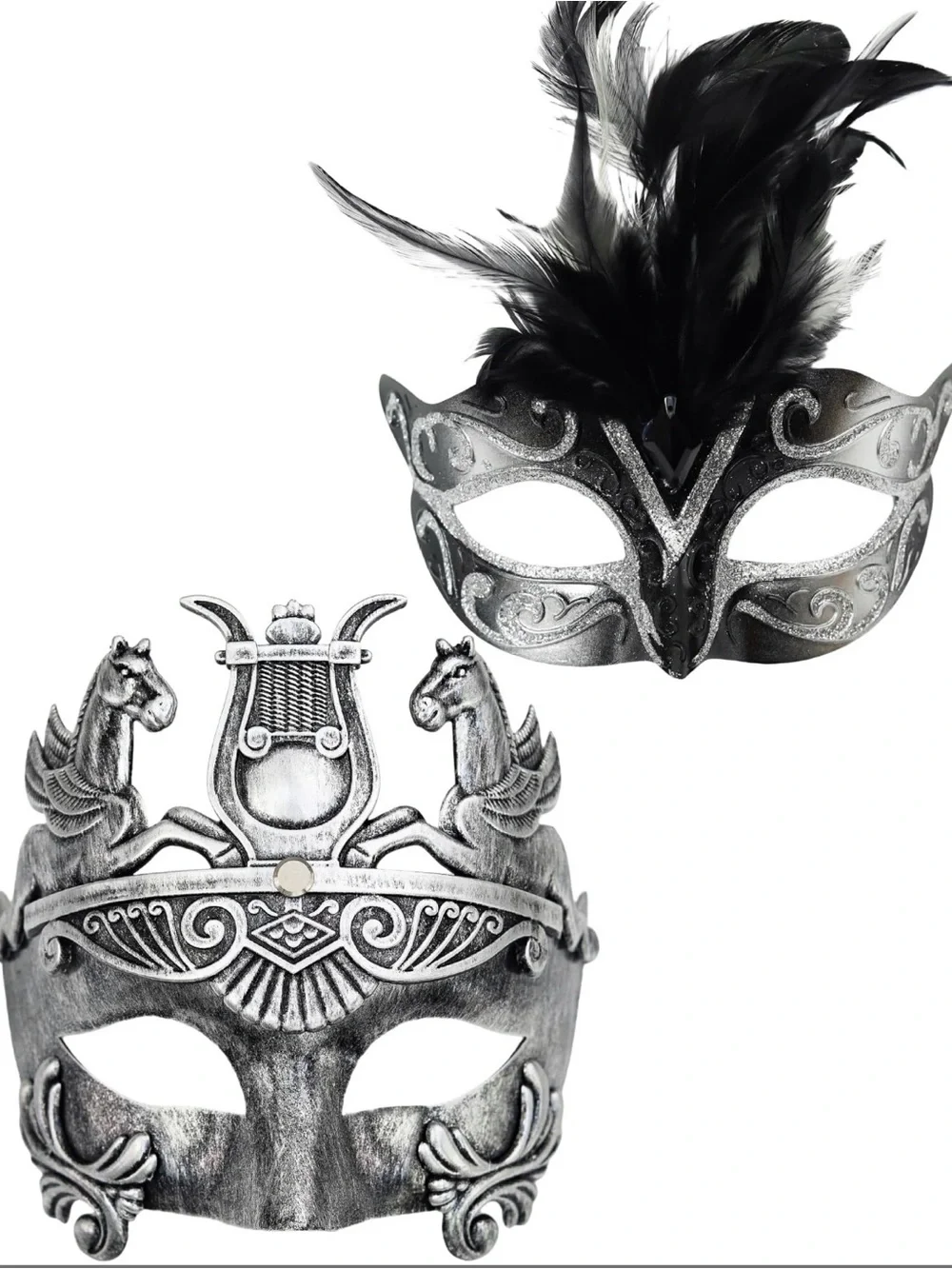 Silver Venetian Masquerade Masks for Men - Feathers & Heraldic Styles